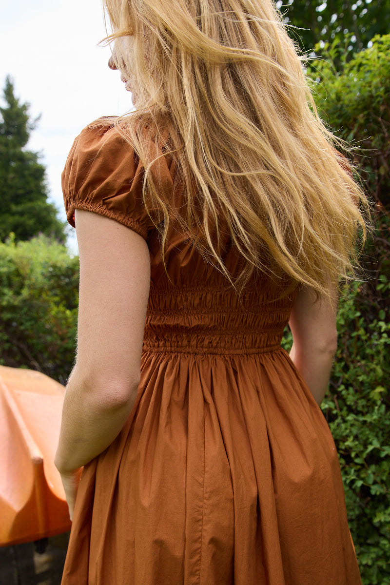 doen brown dress Dôen Quinley Organic Cotton Midi Dress Burned Orange – APRIL FIRST Head size:L/XL - 23 7/8 in - 60.6 cm grazing A Victoria Silk Button Down NA-04.25.25AM