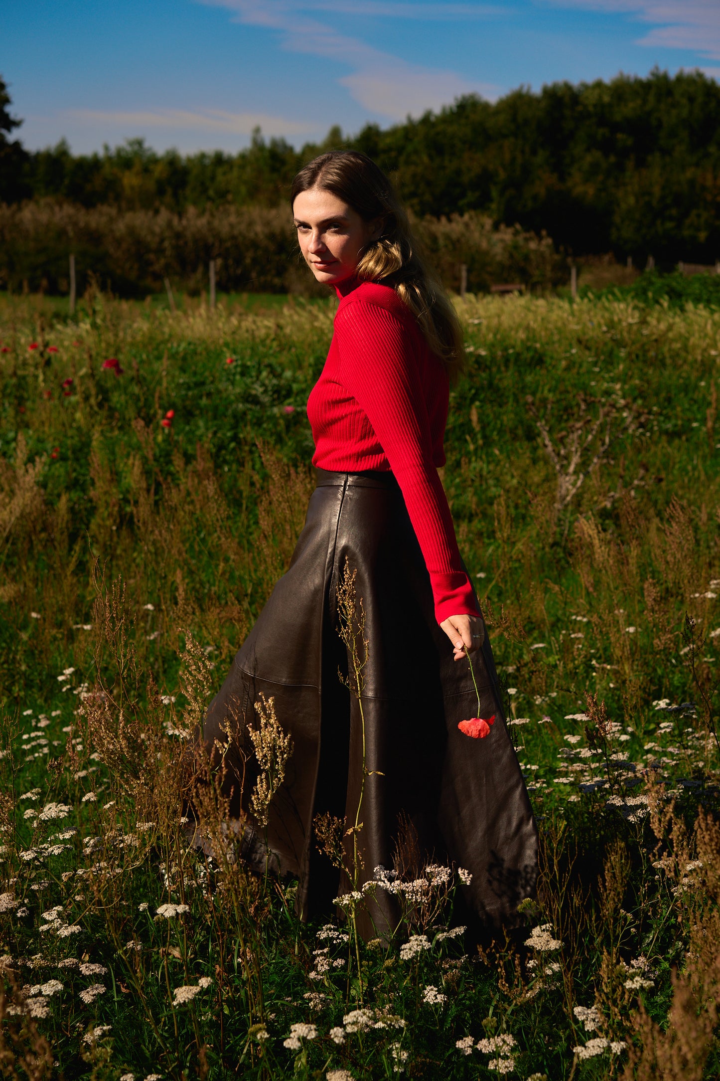 A-Line Leather Skirt Brown