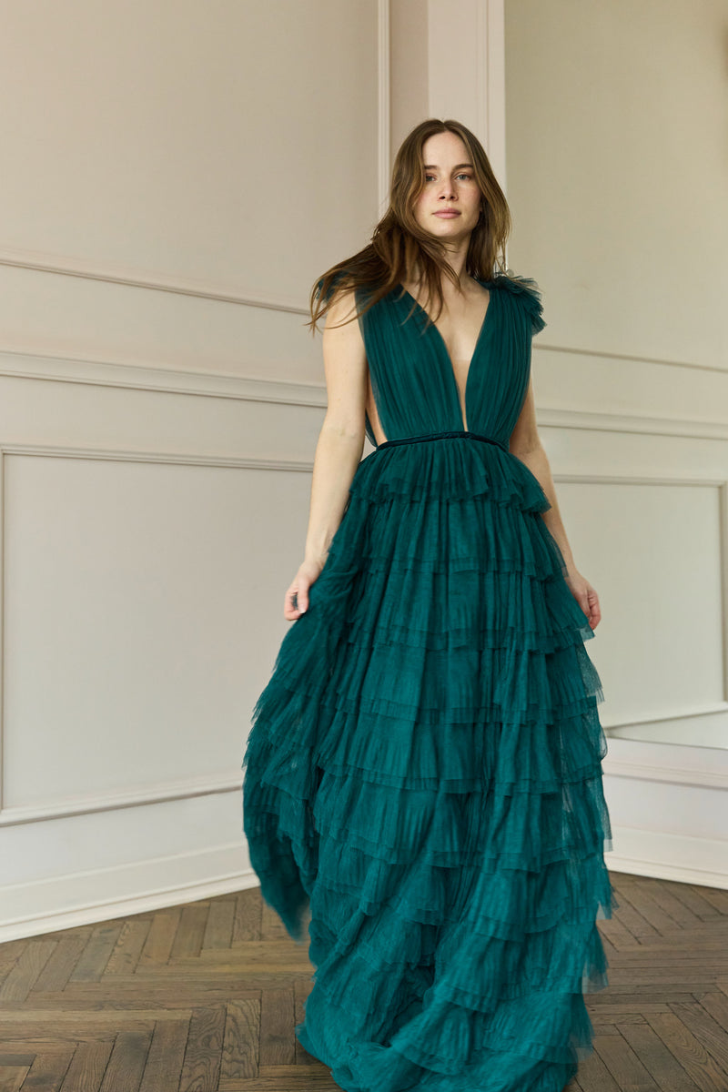 two piece emerald green dress Two Piece Emerald Green Long Prom Dresses with Bow ARD2122