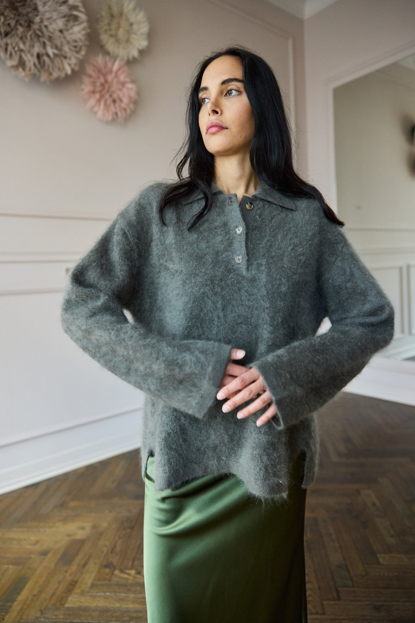 Brushed Cashmere Polo Knit Olive
