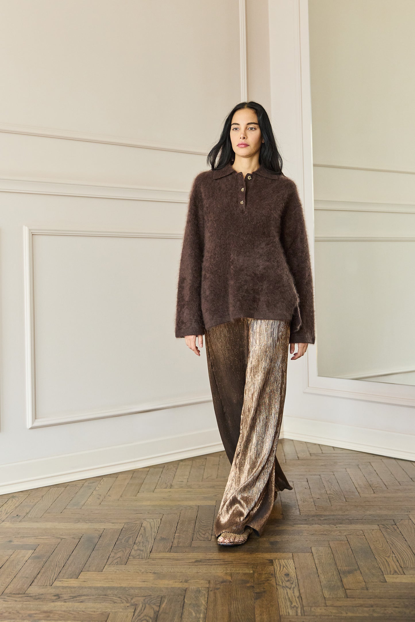 Brushed Cashmere Polo Knit Chocolate