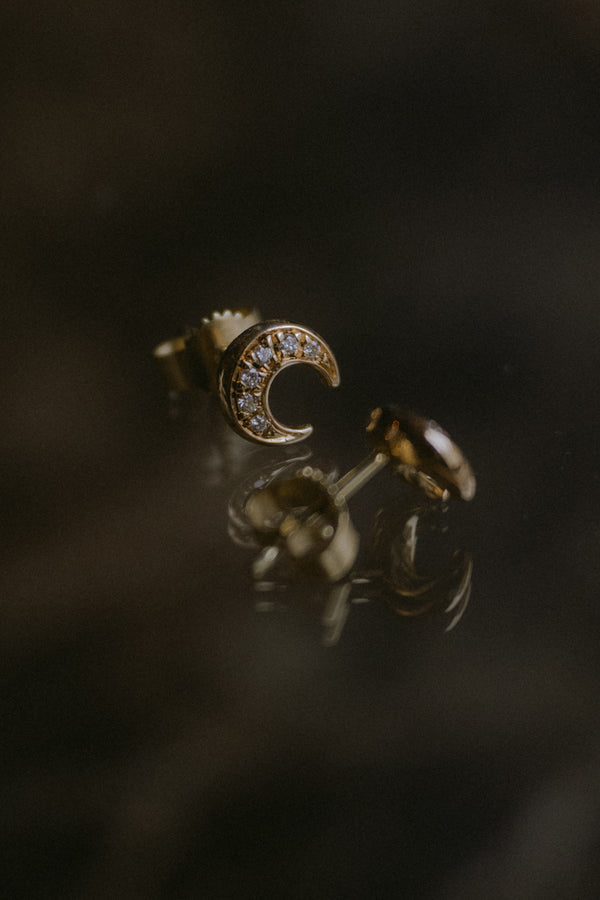 14k Gold Moon Studs Pavé