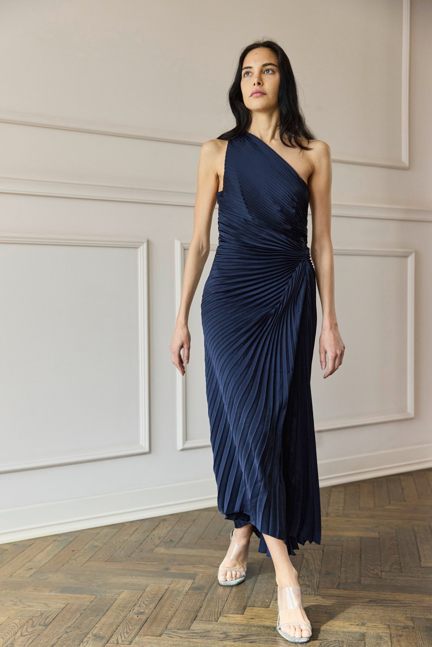 
                  
                    Lara Satin Pleated Dress Midnight Blue
                  
                