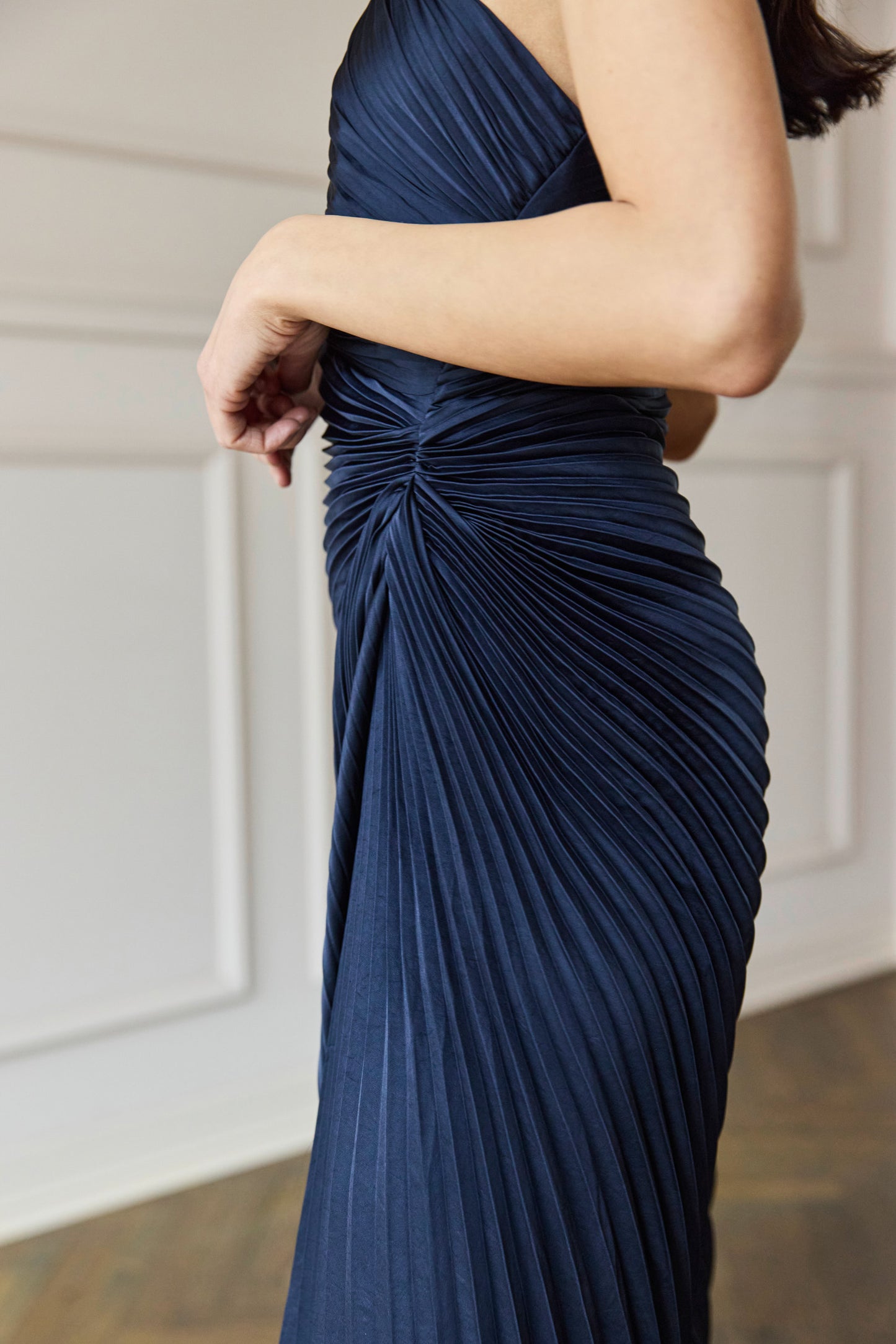 
                  
                    Lara Satin Pleated Dress Midnight Blue
                  
                