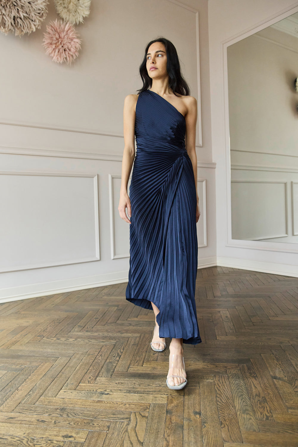A.L.C. Lara Satin Pleated Midi Dress Midnight Blue