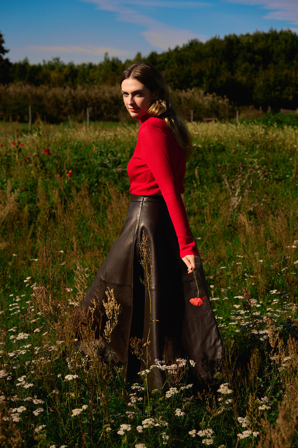 A-Line Leather Skirt Brown