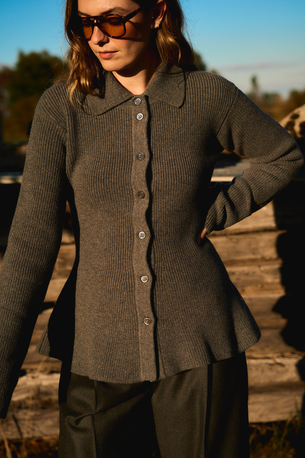 Waisted Rib Cardigan Grey