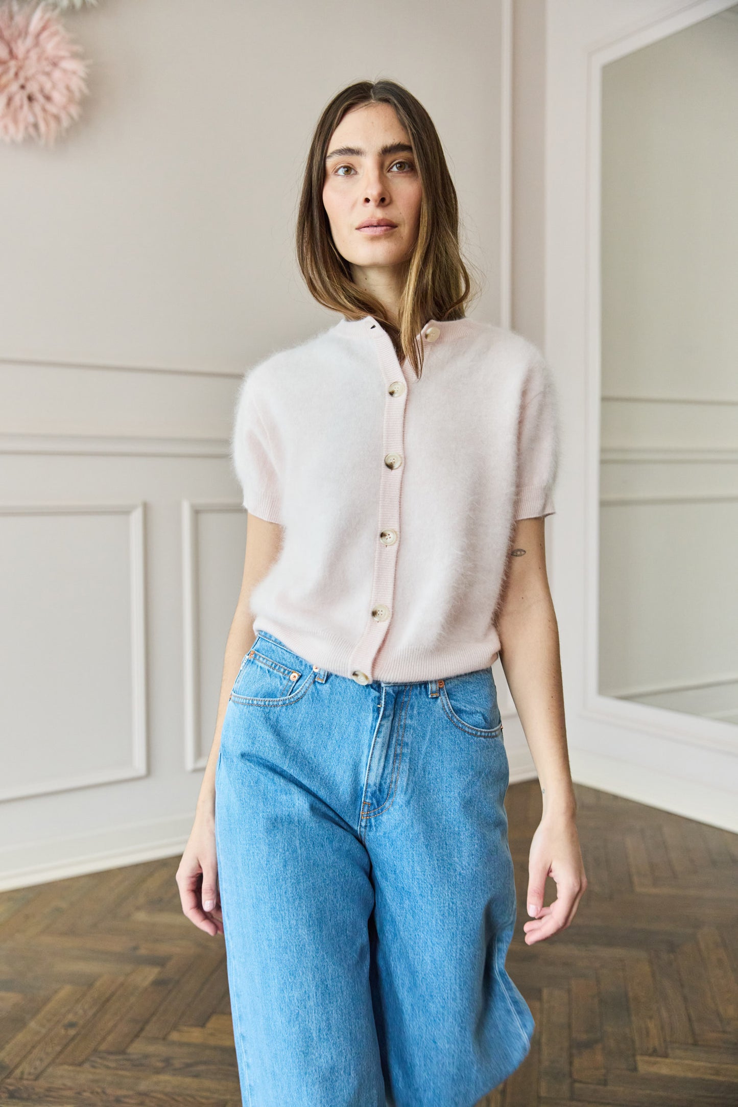 April-First-Berlin-Soft-Goat-Brushed-Short-Sleeve-Cardigan-Powder