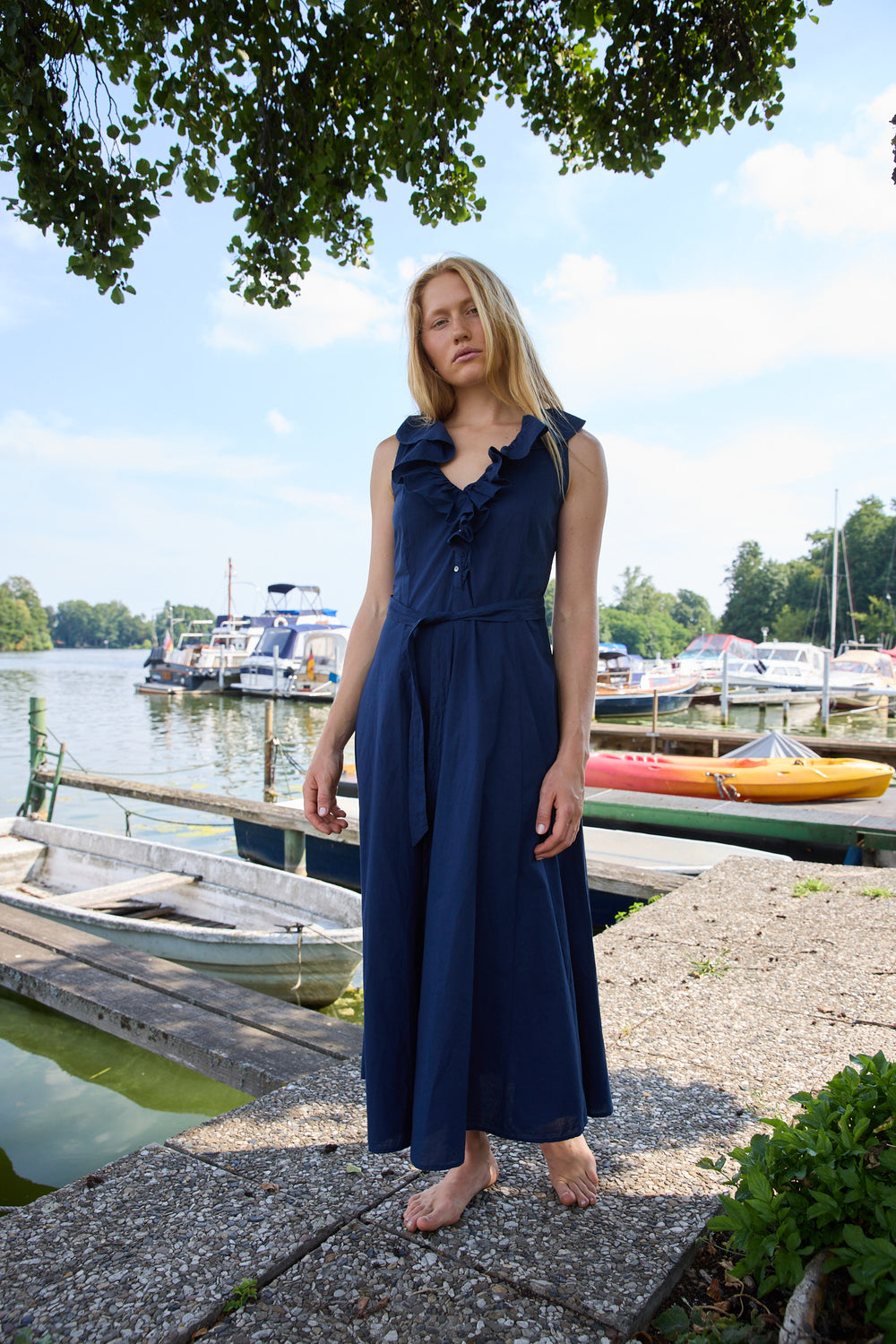 xirena denim dress Cassidy – Navy Color:White with Black Polka Dot and Wine Satin Band Raw Hem Layered Denim Style No SCH006226_BE_M