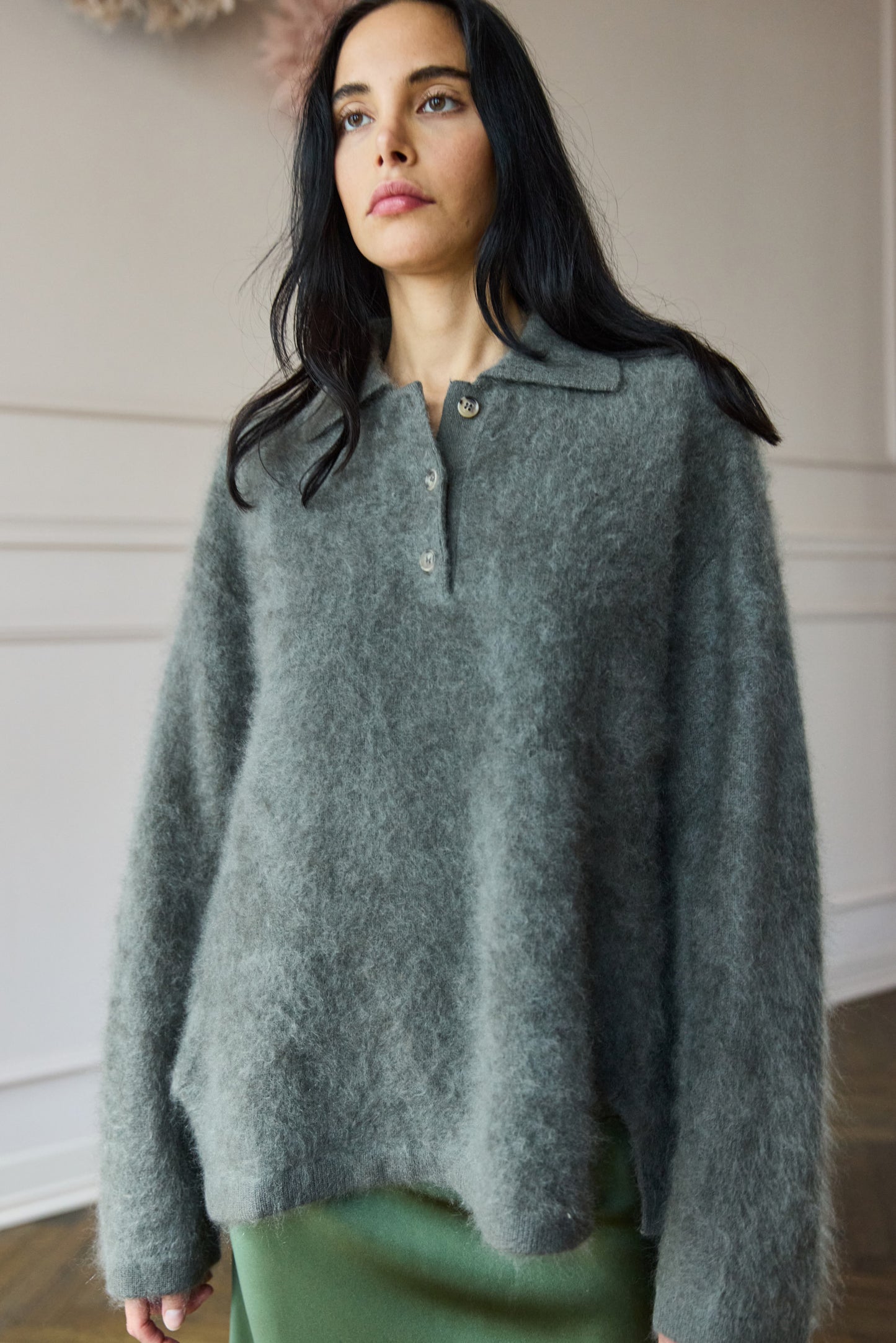 
                  
                    Brushed Cashmere Polo Knit Olive
                  
                