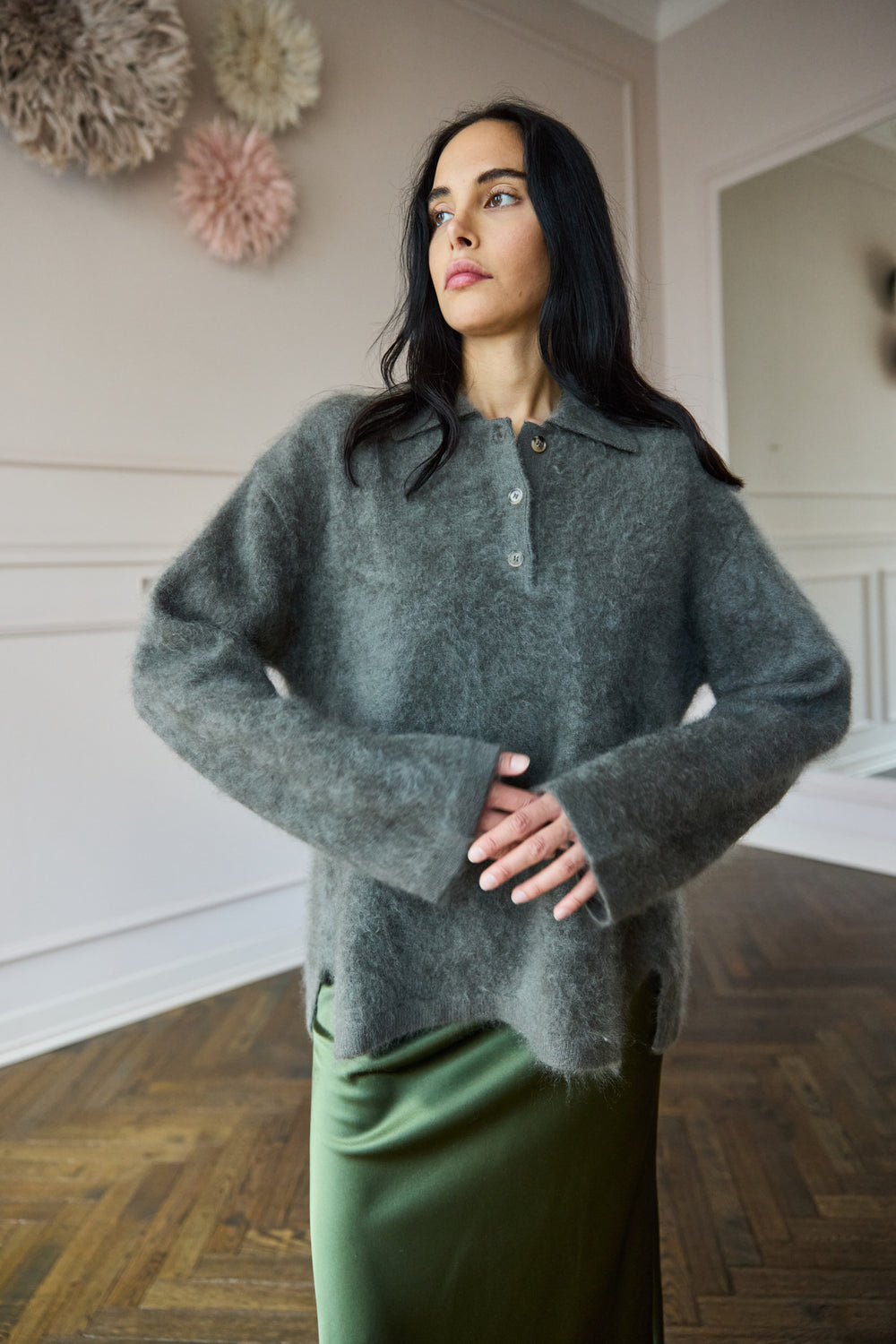 Brushed Cashmere Polo Knit Olive