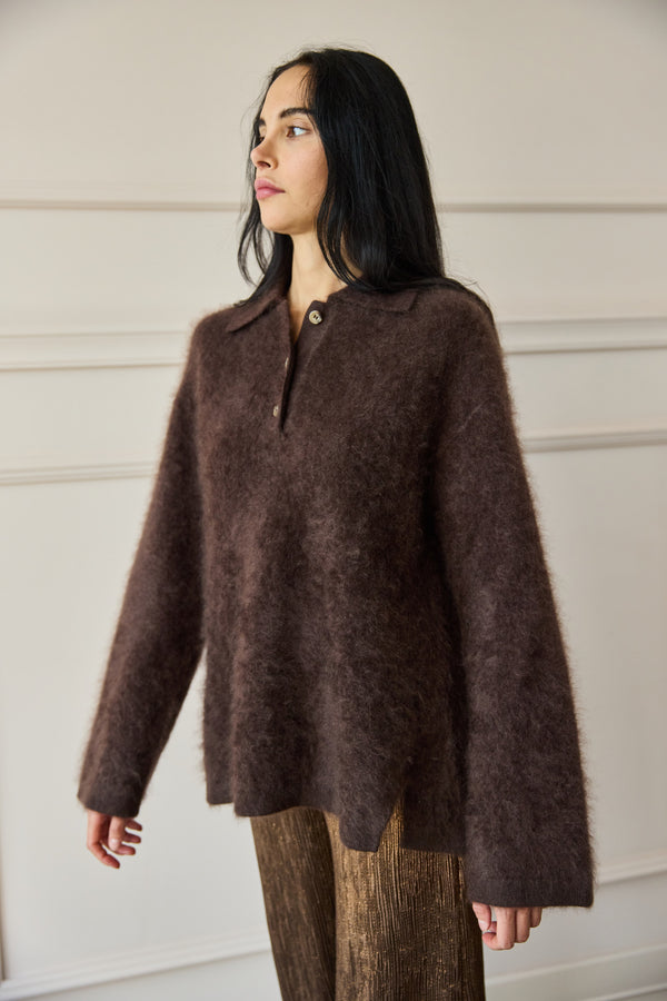 Brushed Cashmere Polo Knit Chocolate