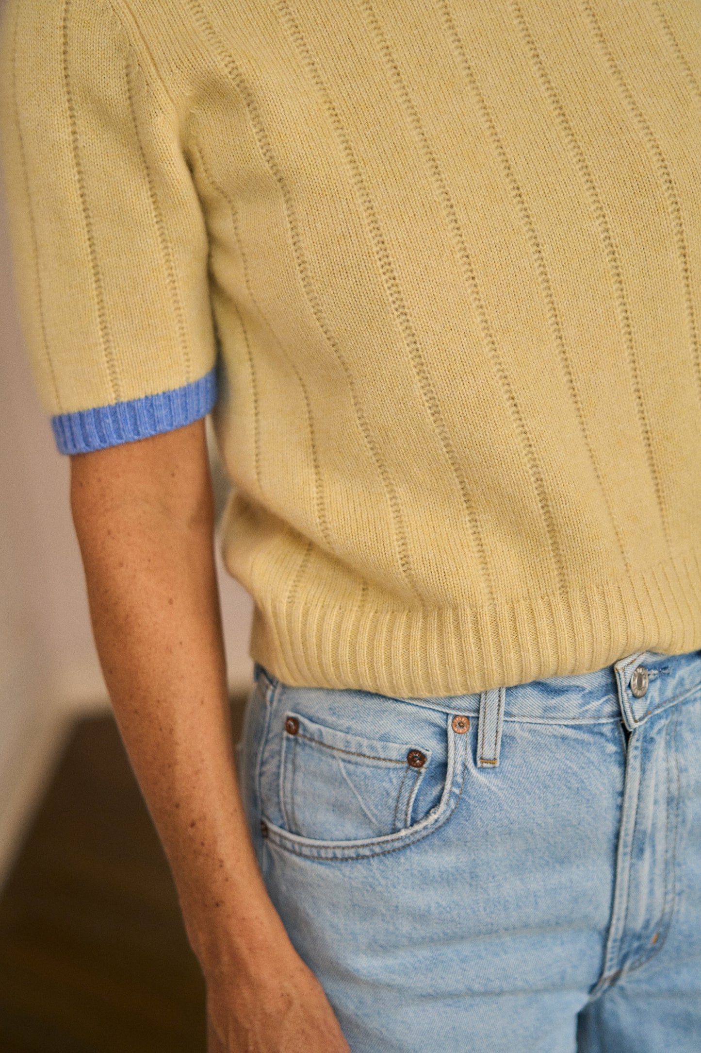 
                  
                    April First Berlin Guest in Residence Rib Ringer Tee Butter/Delft Blue
                  
                