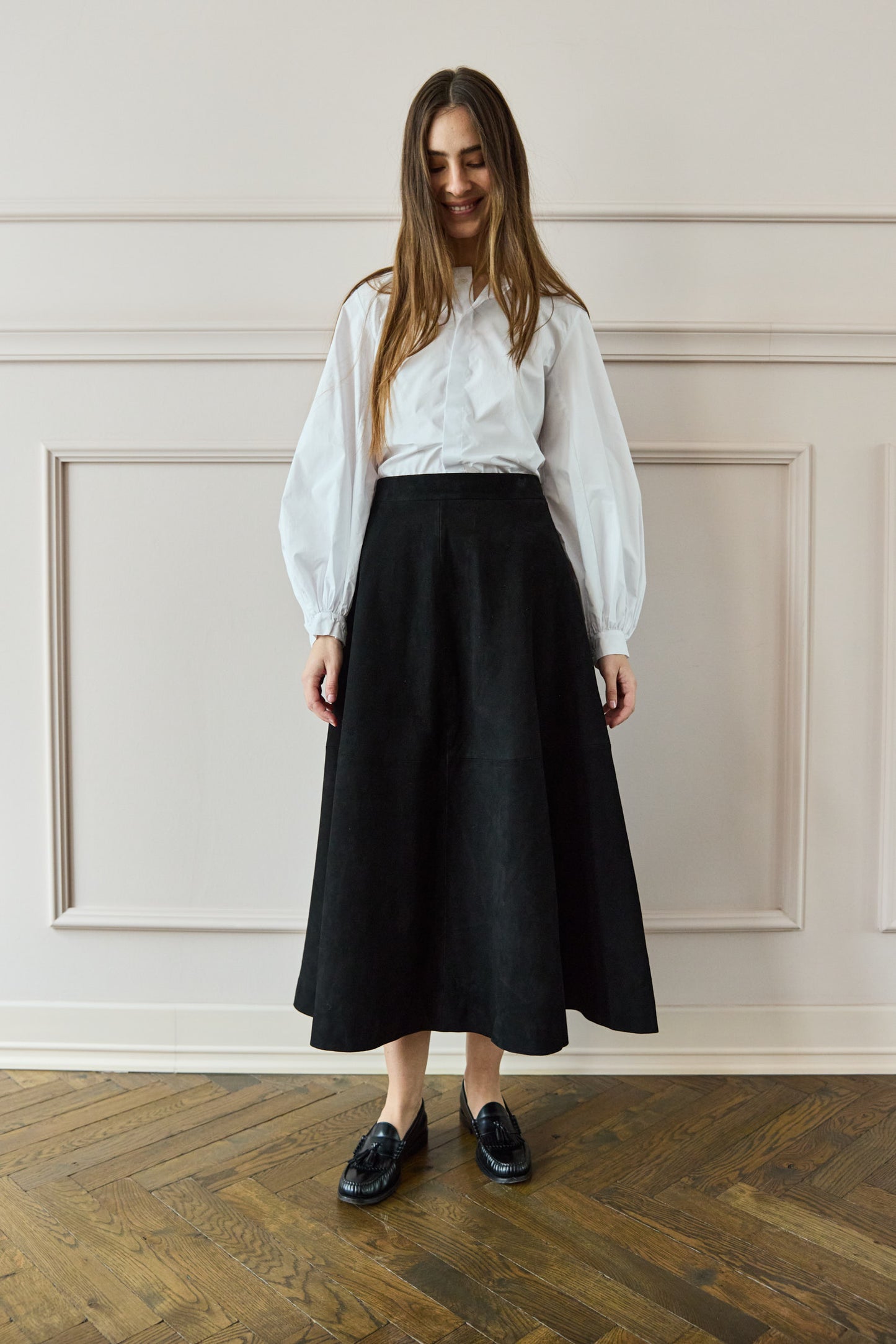 April First Berlin Rohe A-Line Leather Skirt Black Suede