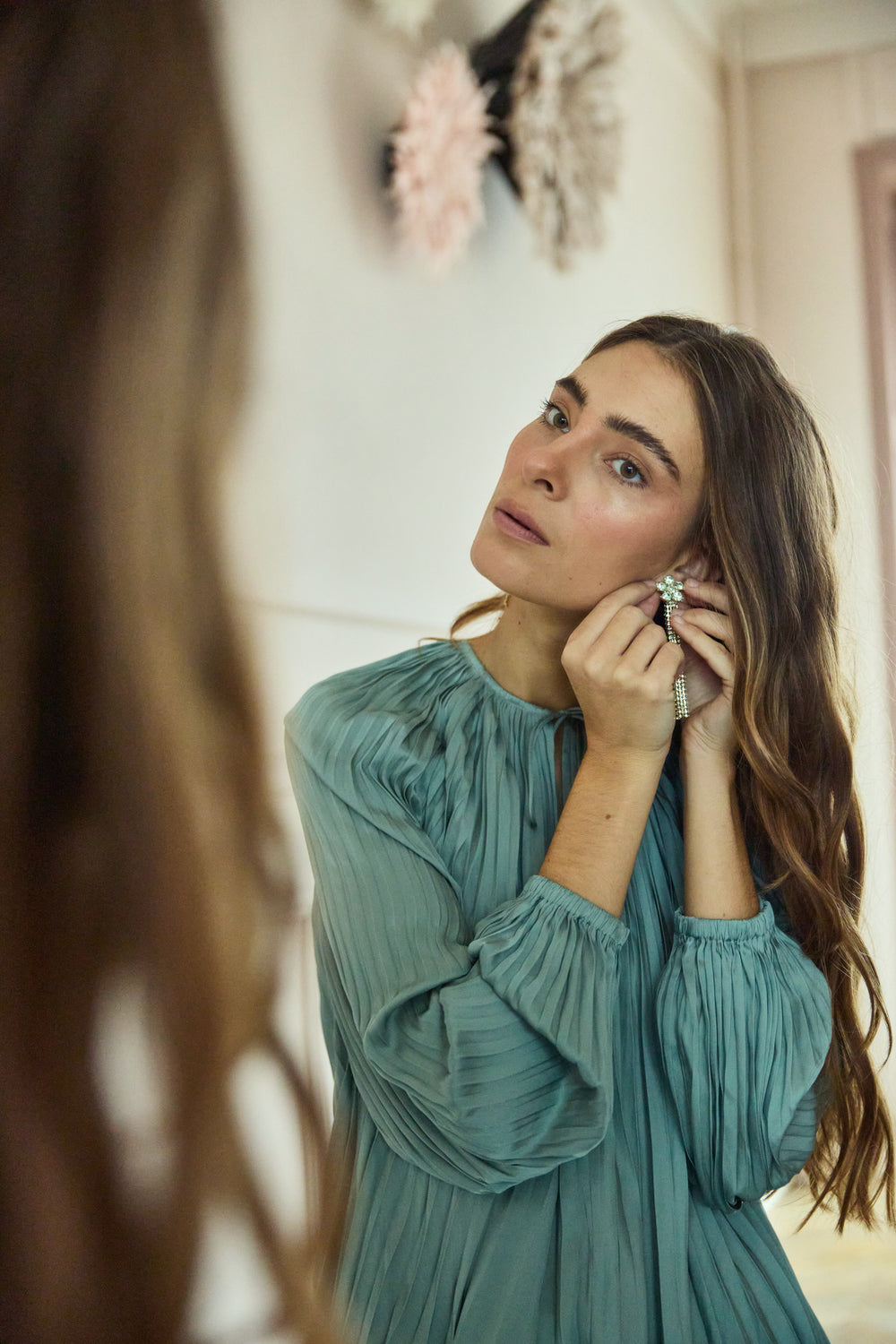 Anice Long Flower Ear Clips Green