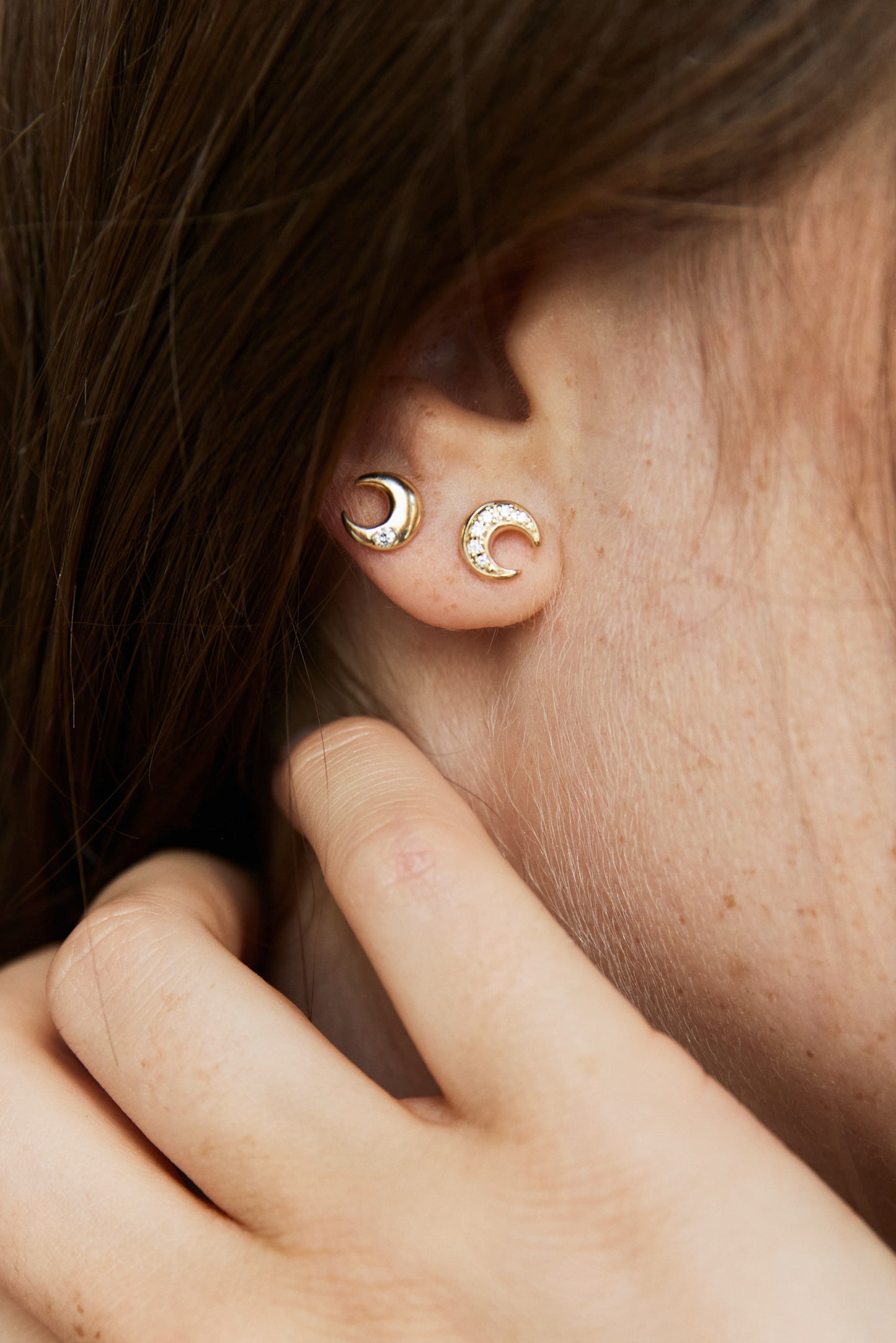 
                  
                    April First 14k Gold Moon Studs
                  
                