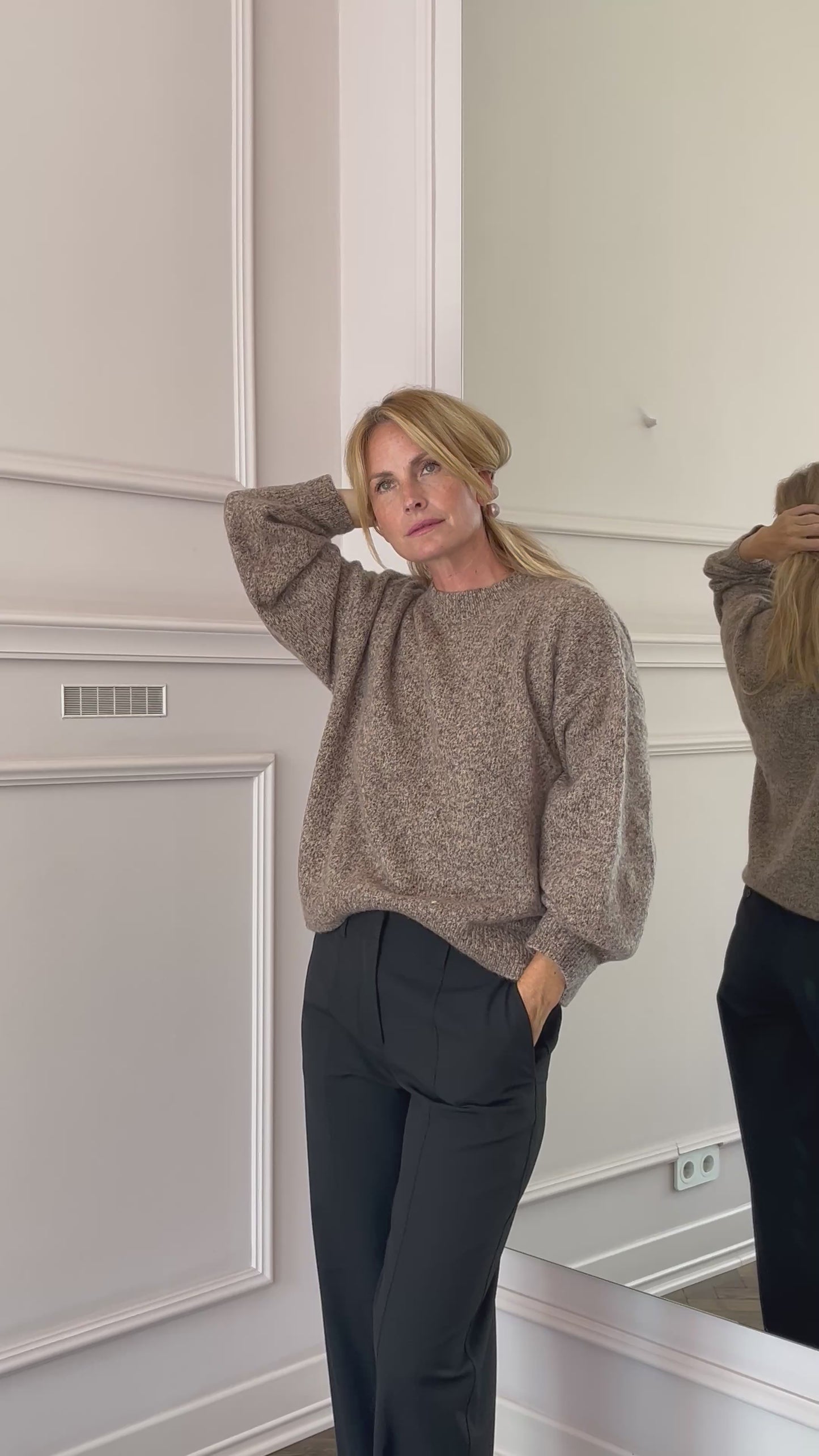 
                  
                    Load and play video in Gallery viewer, April First Berlin Soft Goat Marled Relaxed Fit Crewneck Brown Melange
                  
                