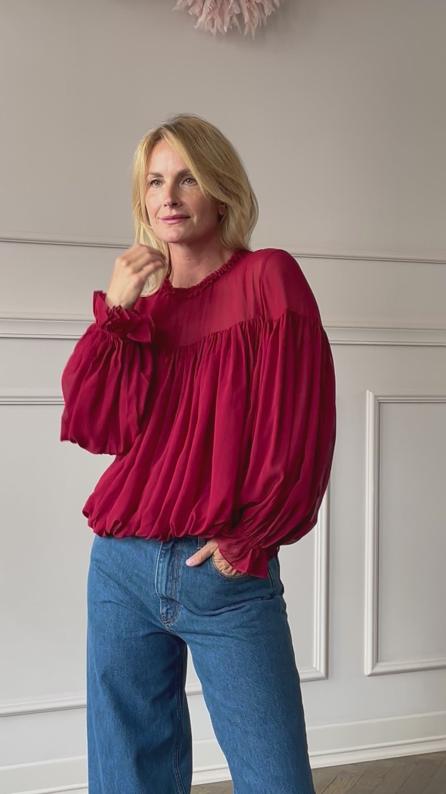 
                  
                    Load and play video in Gallery viewer, April-First-Berlin-Ulla-Johnson-Pearl-Blouse-Cerise
                  
                